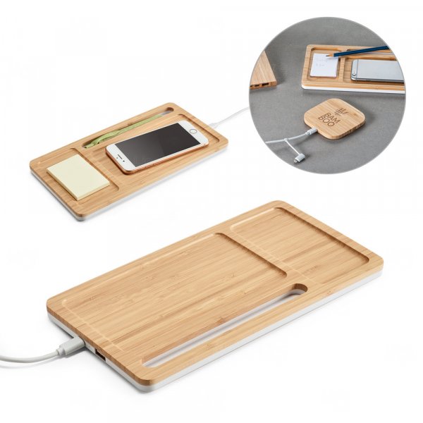 Organizador de Mesa com Carregador Sem Fio em Bambu Personalizado 
