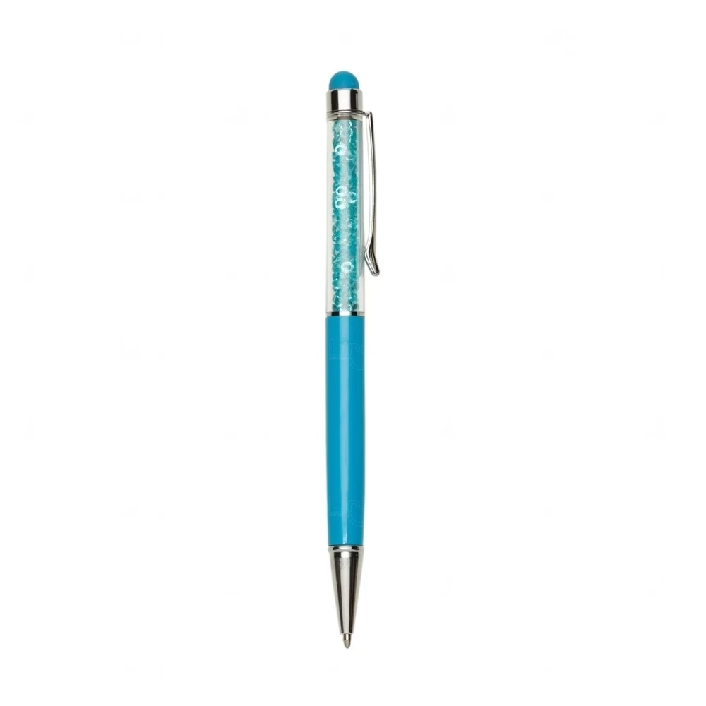Caneta Metálica com Cristais e Touch Personalizada Azul Claro e Azul Claro