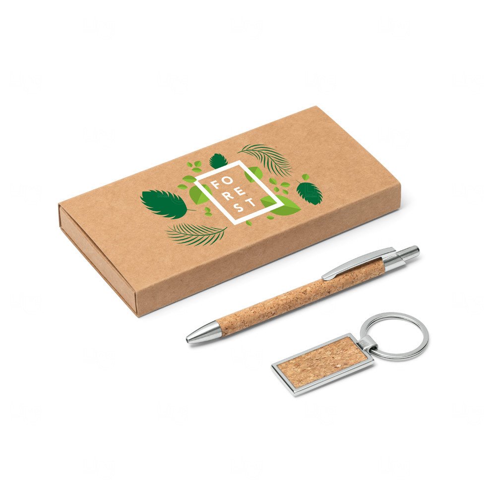 Kit com Caneta e Chaveiro em Cortiça Personalizado 
