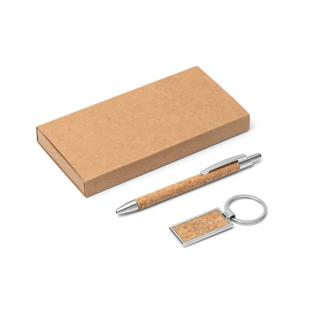 Kit com Caneta e Chaveiro em Cortiça Personalizado 