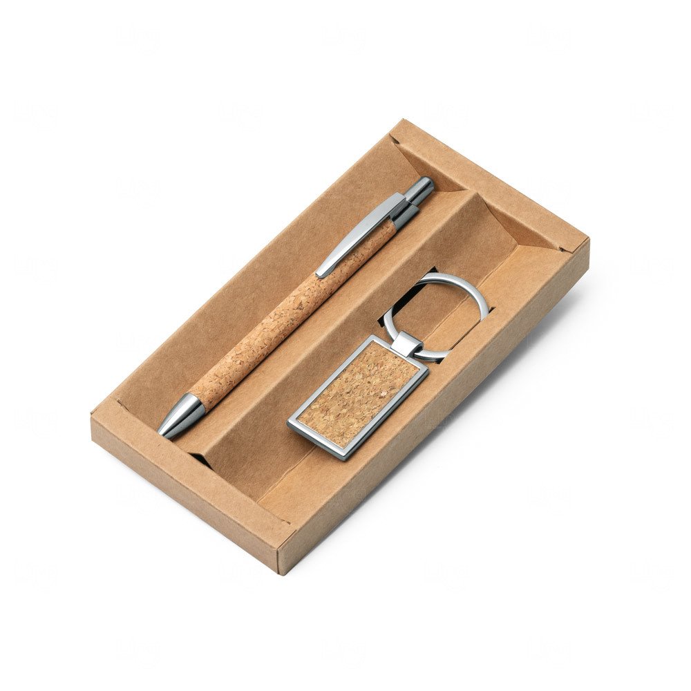 Kit com Caneta e Chaveiro em Cortiça Personalizado 