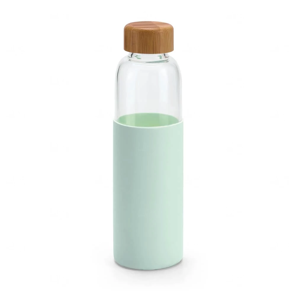 Garrafa de Vidro 600ml com Tampa de Bambu Personalizada Verde Claro