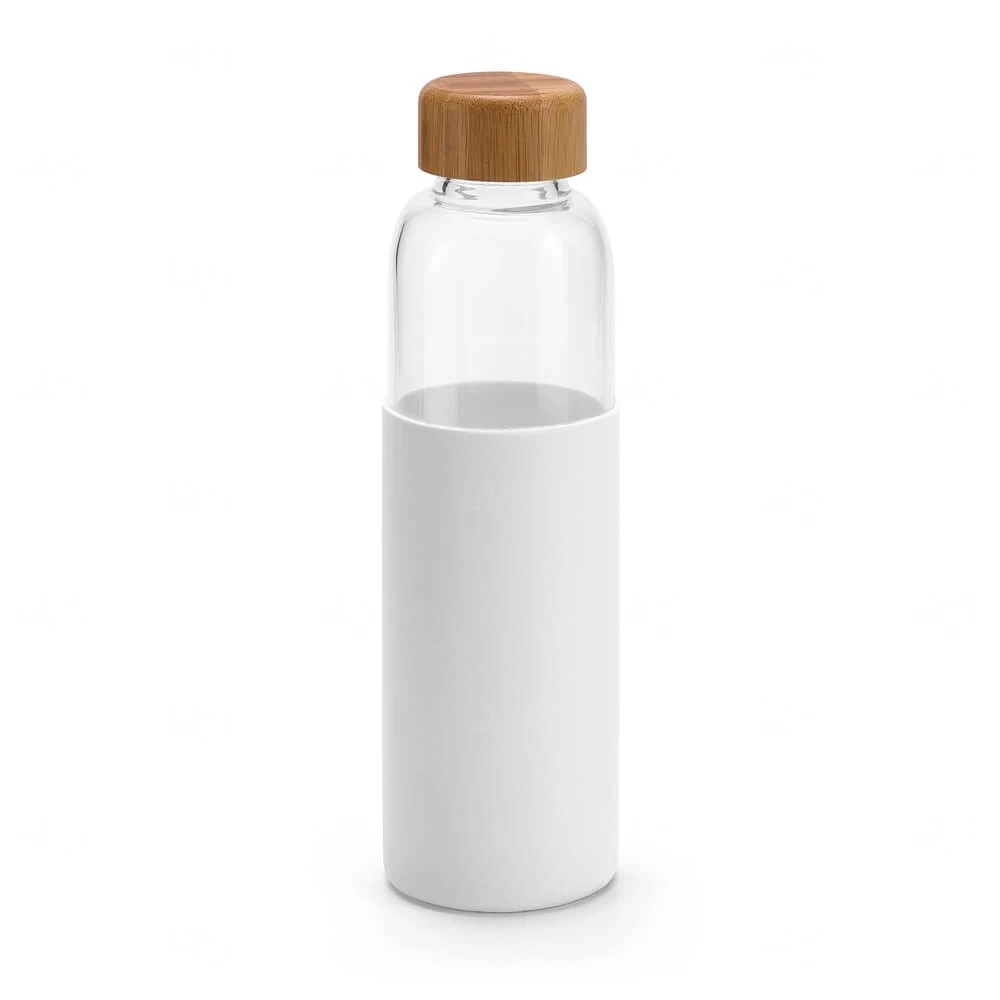Garrafa de Vidro 600ml com Tampa de Bambu Personalizada Branco
