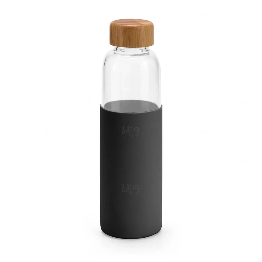 Garrafa de Vidro 600ml com Tampa de Bambu Personalizada Preto