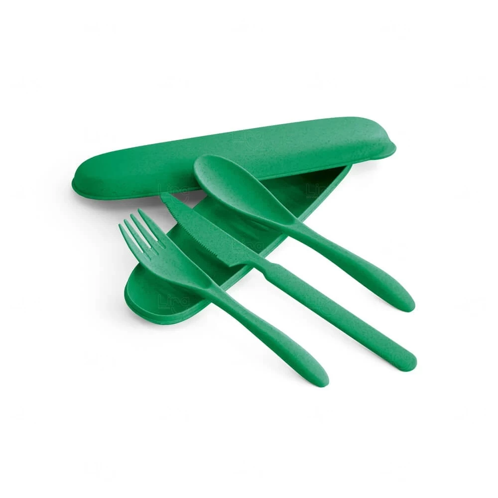 Talheres em Fibra de Bambu com Estojo Personalizado Verde