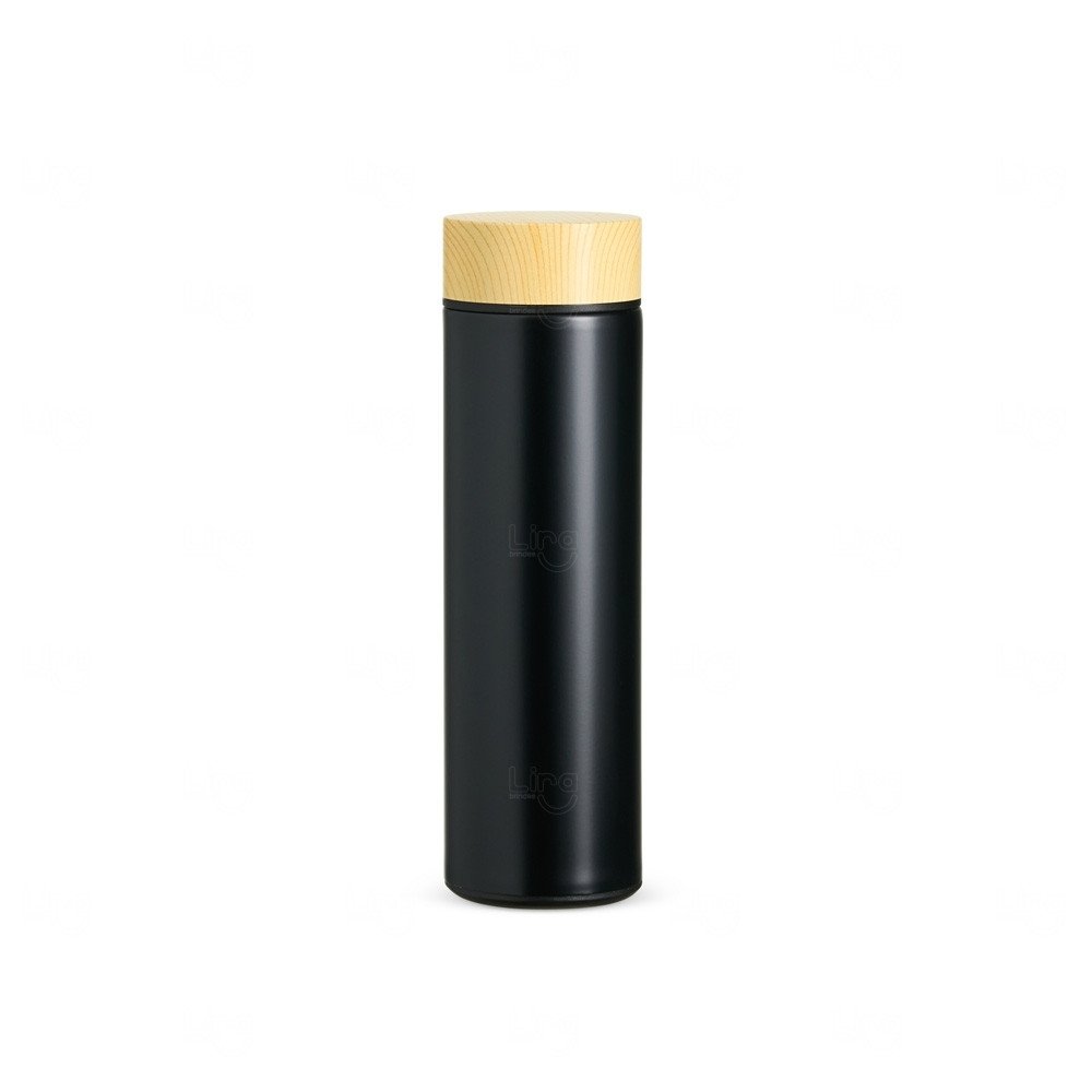Garrafa Térmica 450ml Infusor e Tampa de Madeira - Personalizada Preto