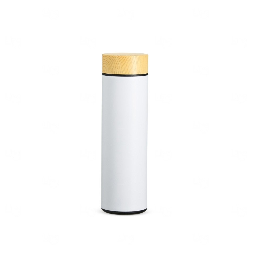 Garrafa Térmica 450ml Infusor e Tampa de Madeira - Personalizada Branco