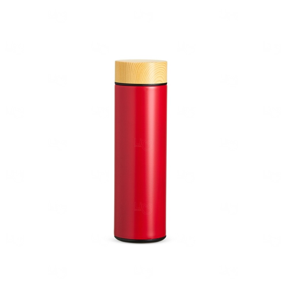 Garrafa Térmica 450ml Infusor e Tampa de Madeira - Personalizada Vermelho